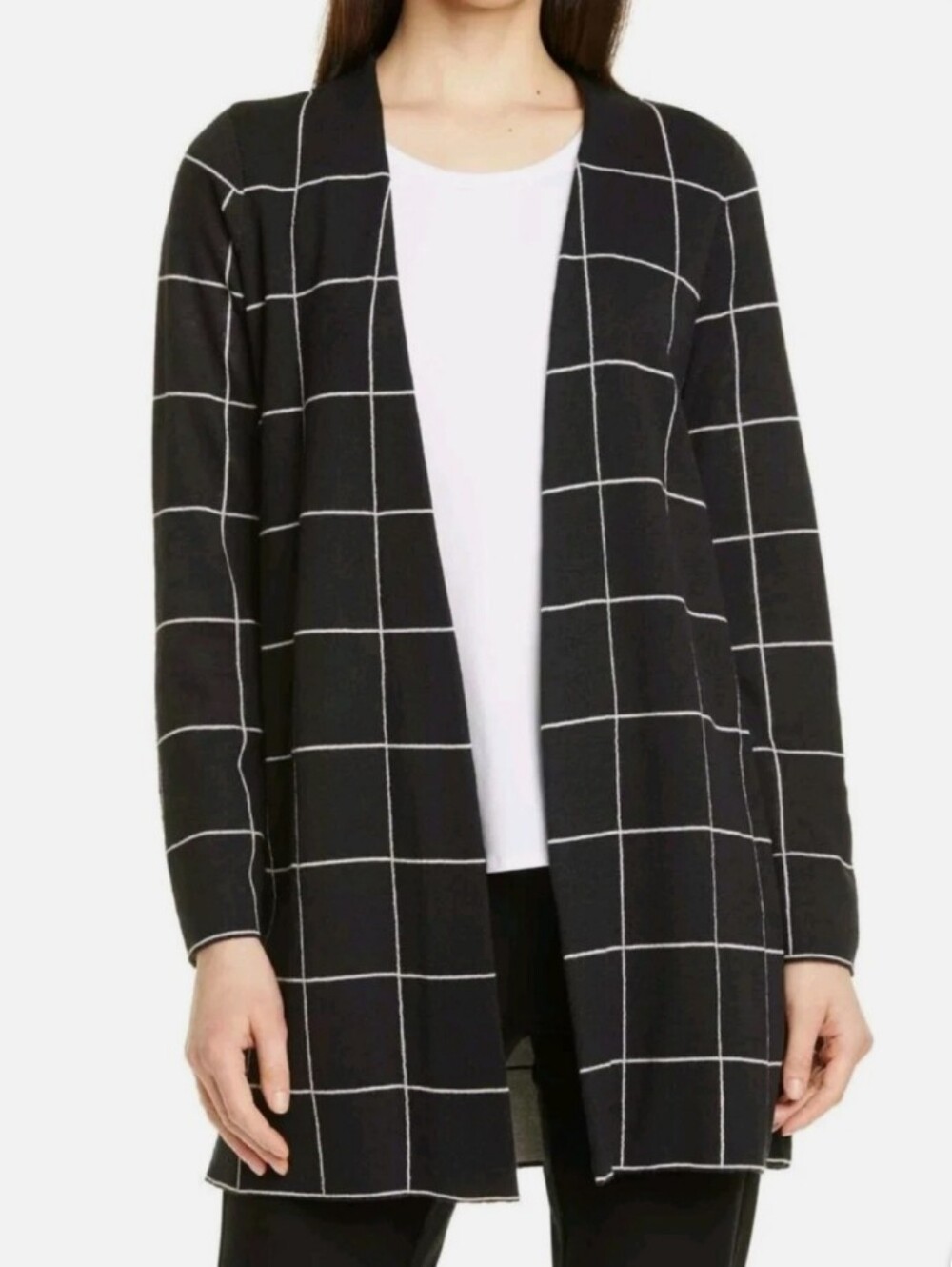 Eileen Fisher Black Windowpane Open-Front Black And White Cardigan Size Medium